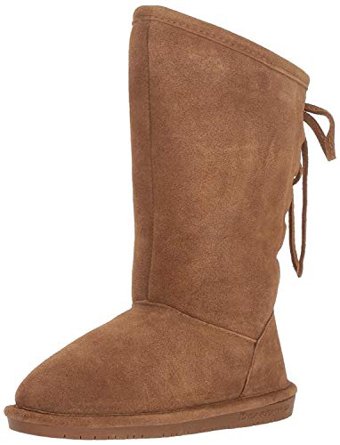 The BEARPAW Phylly Boots for women feature a tan suede knee-high design with a flat sole, soft suede upper, and a decorative back bow—ideal winter boots.