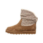 The BEARPAW Virginia Boots for women feature a brown suede ankle design, thick rubber sole, and slouchy light gray wool knit shaft with a cozy cuff. Perfect for chilly days, they’re enhanced with NeverWet technology for extra protection.