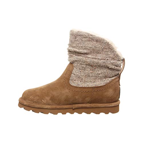 The BEARPAW Virginia Boots for women feature a brown suede ankle design, thick rubber sole, and slouchy light gray wool knit shaft with a cozy cuff. Perfect for chilly days, they’re enhanced with NeverWet technology for extra protection.