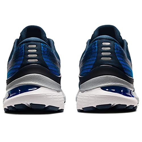 A rear view of a pair of ASICS Gel Kayano 28 - Mens stability running shoes in blue and black with white soles, gray accents, and reflective heel strips, shown side by side on a white background.