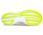 The image displays the sole of the Saucony Endorphin Speed 3 Running Shoe - Womens, mainly white with bright yellow tread accents and textured grooves for traction—perfect for daily runs.