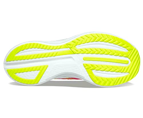 The image displays the sole of the Saucony Endorphin Speed 3 Running Shoe - Womens, mainly white with bright yellow tread accents and textured grooves for traction—perfect for daily runs.