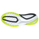 The image displays the sole of the Saucony Endorphin Shift 2 Running Shoe - Womens, featuring a white base with bright yellow and black accents. Its tread pattern ensures grip and stability, while SPEEDROLL technology offers smooth transitions.