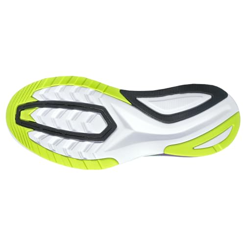 The image displays the sole of the Saucony Endorphin Shift 2 Running Shoe - Womens, featuring a white base with bright yellow and black accents. Its tread pattern ensures grip and stability, while SPEEDROLL technology offers smooth transitions.