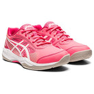 The ASICS Gel-Game 8 - Kids’ are bright pink tennis shoes with white accents, white soles, light beige outsoles, a lace-up design, and cushioned sporty comfort.