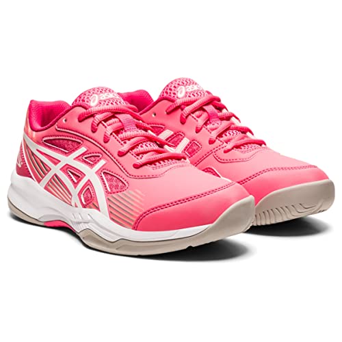 The ASICS Gel-Game 8 - Kids’ are bright pink tennis shoes with white accents, white soles, light beige outsoles, a lace-up design, and cushioned sporty comfort.