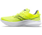 The Saucony Kinvara 14 Running Shoe for women features a bright yellow mesh upper, black accents, and a white sculpted sole with PWRRUN foam for superior breathability, performance, and comfort.