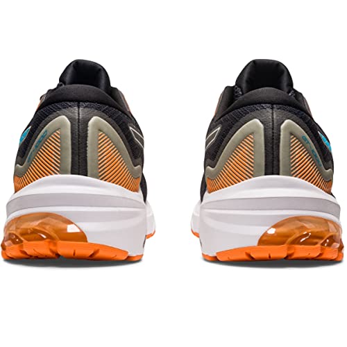 Rear view of the ASICS GT-1000 11 - Mens running shoe featuring black, orange, and gray uppers, white midsoles, orange outsoles, and visible FLYTEFOAM cushioning in the heel.