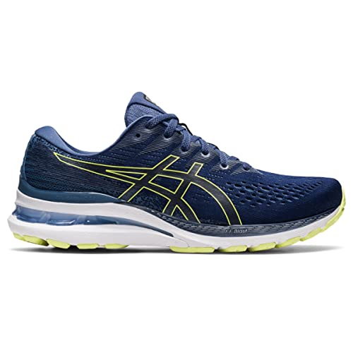 The ASICS Gel Kayano 28 - Mens is a blue stability running shoe with lime green accents, a white midsole, and light green textured outsole. Its breathable mesh upper and GEL technology provide comfort and support.