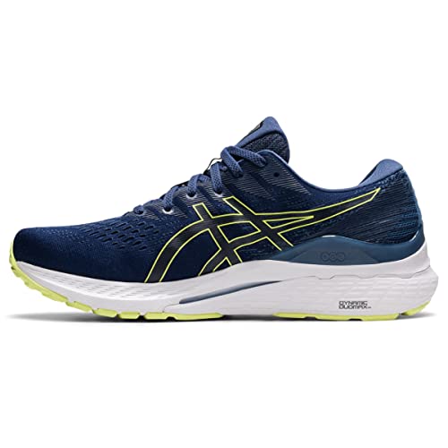 The ASICS Gel Kayano 28 - Mens is a navy blue stability running shoe with light green accents, featuring a mesh upper, GEL technology, white and light green sole, and the ASICS logo on the side.