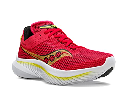 The Saucony Kinvara 14 Running Shoe for women features a bright red color with yellow and black accents, a breathable mesh upper, PWRRUN foam white sole, and black outsole, displayed from the side on a white background.