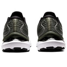 Rear view of ASICS Gel Cumulus 24 - Mens running shoes, shown side by side with dark green and black uppers, white midsoles with FF BLAST cushioning, and black outsoles—ideal everyday trainers on a white background.