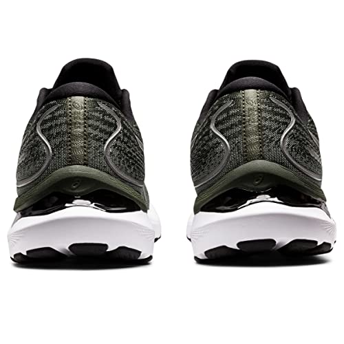 Rear view of ASICS Gel Cumulus 24 - Mens running shoes, shown side by side with dark green and black uppers, white midsoles with FF BLAST cushioning, and black outsoles—ideal everyday trainers on a white background.