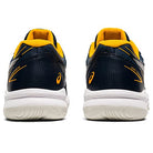 Navy blue and yellow ASICS Gel-Game 8 - Kids tennis shoes shown from the back, featuring white soles, ASICS heel logo, and TRUSSTIC technology for enhanced support.