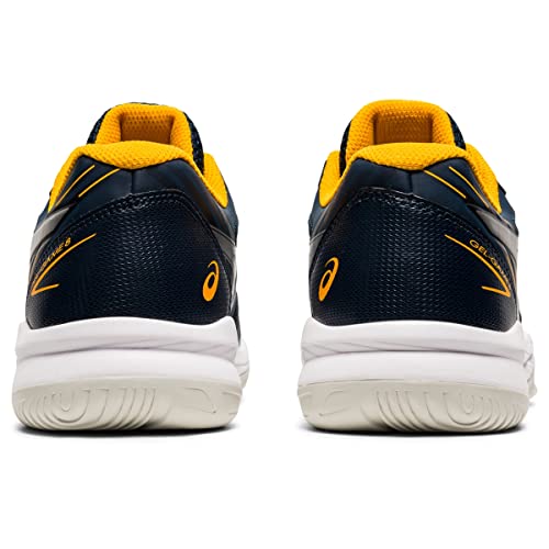 Navy blue and yellow ASICS Gel-Game 8 - Kids tennis shoes shown from the back, featuring white soles, ASICS heel logo, and TRUSSTIC technology for enhanced support.