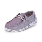 The Hey Dude Wendy Youth - Girls slip-on features a light purple and gray gradient, white laces, and a white sole with black doodle designs like stars, hearts, and “OMG.” Lightweight and stylish for everyday wear.
