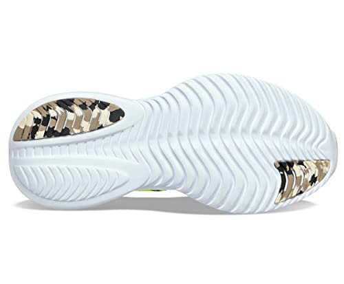 The image features the white, wavy sole of the Saucony Kinvara 14 Running Shoe - Womens, with beige, black, and tan camo-patterned rubber at the heel and toe for grip—designed to pair with its responsive PWRRUN foam cushioning.