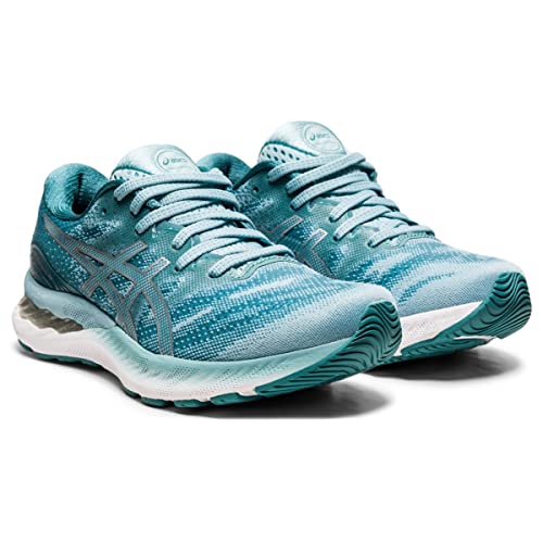 The ASICS Gel Nimbus 23 - Womens running shoes in teal and white with gray accents feature a breathable mesh upper and cushioned soles for superior shock absorption, shown on a white background.