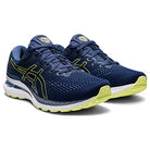 A pair of ASICS Gel Kayano 28 - Men’s stability running shoes in navy blue with lime green accents and white midsoles, featuring advanced GEL technology, displayed on a white background.