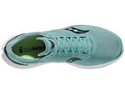 A top view of the mens Saucony Freedom 4 Running Shoe shows a light blue upper, white sole, teal laces, black side logo, and a light green insole marked FORMFIT. The shoe features responsive PWRRUN PB cushioning.