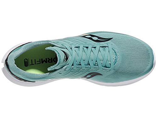 A top view of the mens Saucony Freedom 4 Running Shoe shows a light blue upper, white sole, teal laces, black side logo, and a light green insole marked FORMFIT. The shoe features responsive PWRRUN PB cushioning.