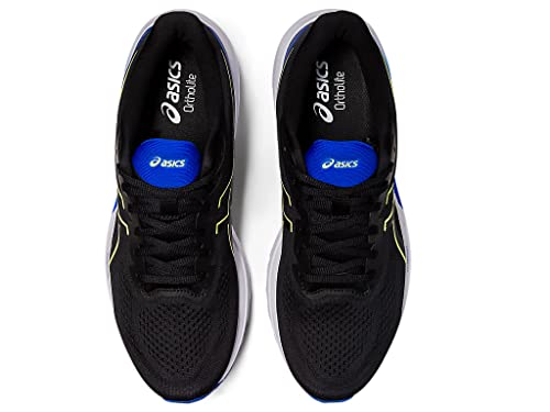 Top view of ASICS GT-1000 12 - Mens running shoes in black with blue accents and white soles. Insoles feature ASICS Ortholite branding. Shoes are side by side and are ideal for overpronation.