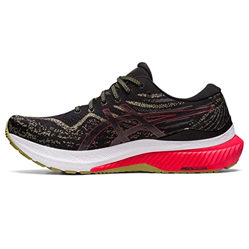 The ASICS Gel Kayano 29 - Mens running shoe comes in black with gold speckles, red accents, a white midsole, and a red and yellow sole. It displays the ASICS logo on the side and delivers excellent stability for every run.