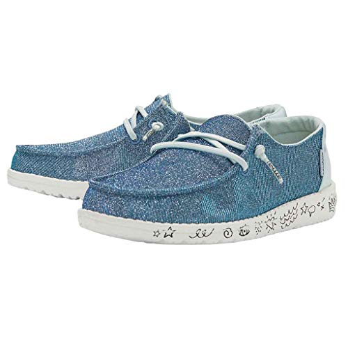 The Hey Dude Wendy Youth - Girls shoes are sparkly blue, lightweight womens shoes with white soles and laces, featuring playful black doodles and symbols along the sides of the soles.