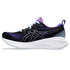 The ASICS Gel-Cumulus 25 - Womens is a neutral everyday trainer in black and purple, with a white textured sole, light blue laces, a large side logo, and a fabric pull tab on the heel.