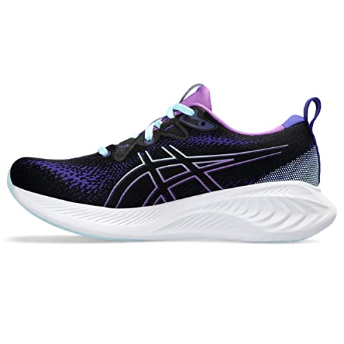 The ASICS Gel-Cumulus 25 - Womens is a neutral everyday trainer in black and purple, with a white textured sole, light blue laces, a large side logo, and a fabric pull tab on the heel.