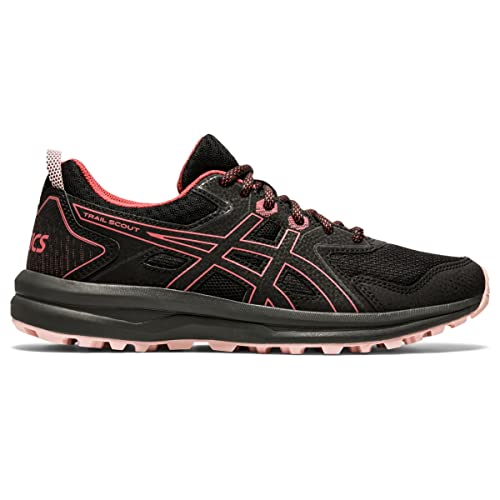The ASICS Trail Scout - Womens in black and pink features a mesh upper, textured outsole, and ASICS logo on the side. Displayed from a side view against a white background.