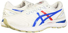 The ASICS GEL-NIMBUS 22 mens running shoes come in white with blue and red accents, beige soles, and feature the iconic ASICS logo. Designed with advanced GEL technology for superior comfort.