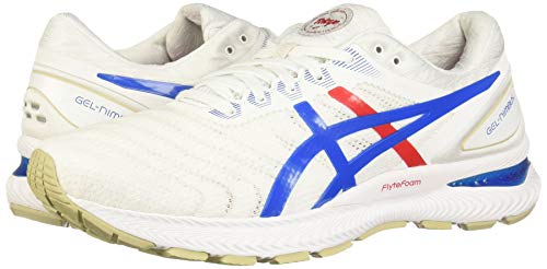 The ASICS GEL-NIMBUS 22 mens running shoes come in white with blue and red accents, beige soles, and feature the iconic ASICS logo. Designed with advanced GEL technology for superior comfort.