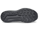 The image shows the black rubber outsole of Sauconys Omni 21 Running Shoe - Mens, featuring a zigzag tread for traction and “Saucony” at the center. Its dual-density PWRRUN cushioning delivers enhanced comfort.