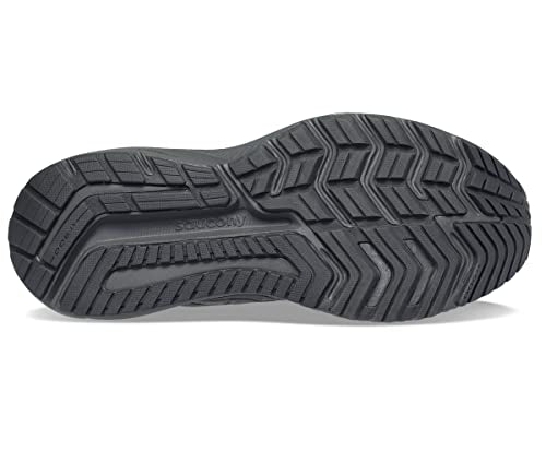 The image shows the black rubber outsole of Sauconys Omni 21 Running Shoe - Mens, featuring a zigzag tread for traction and “Saucony” at the center. Its dual-density PWRRUN cushioning delivers enhanced comfort.
