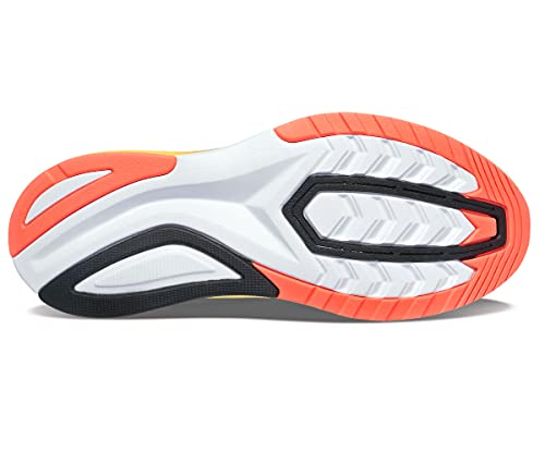 The image shows the sole of the Saucony Endorphin Shift 2 Running Shoe - Womens, featuring white, black, and orange-red tread with textured grooves, geometric shapes, and SPEEDROLL Technology for improved grip and traction.