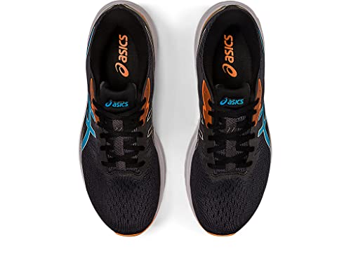 Top view of a pair of ASICS GT-1000 11 - Mens running shoes in black with blue and orange accents, featuring laces, logo on the tongue, and FLYTEFOAM cushioning for comfort.
