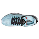 A top view of the Saucony Endorphin Shift 2 Running Shoe - Womens in light blue with black laces and a white sole, showing ENDORPHIN text on the insole near the heel and featuring SPEEDROLL Technology for smooth performance.