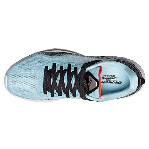 A top view of the Saucony Endorphin Shift 2 Running Shoe - Womens in light blue with black laces and a white sole, showing ENDORPHIN text on the insole near the heel and featuring SPEEDROLL Technology for smooth performance.
