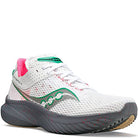 The Saucony Kinvara 14 Running Shoe - Womens features a white mesh upper with green and pink accents, thick gray PWRRUN foam sole, white laces, ventilation holes, and a cushioned, supportive design for running or training.