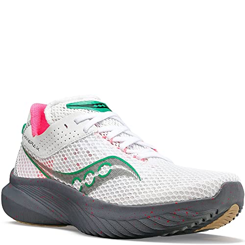 The Saucony Kinvara 14 Running Shoe - Womens features a white mesh upper with green and pink accents, thick gray PWRRUN foam sole, white laces, ventilation holes, and a cushioned, supportive design for running or training.