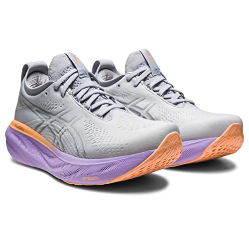 A pair of ASICS Gel Nimbus 25 - Womens shoes in light gray with lavender midsoles and orange outsoles, mesh uppers, and laces provide lightweight cushioning for a comfortable run. Displayed side by side on a white background.