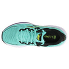 Top view of the Saucony Omni 20 Running Shoe - Womens in turquoise, with black and white accents, teal laces, and black lining. The insole features RMFIT! in yellow—designed for support and stability on every run.