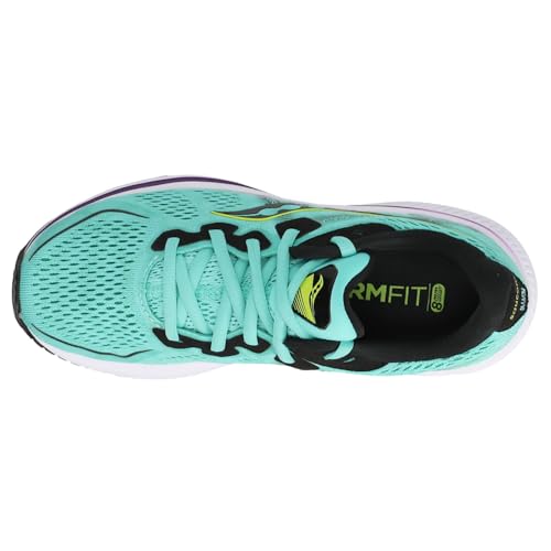 Top view of the Saucony Omni 20 Running Shoe - Womens in turquoise, with black and white accents, teal laces, and black lining. The insole features RMFIT! in yellow—designed for support and stability on every run.