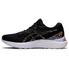 Black ASICS Cumulus 23 - Womens running shoe with a white, textured sole and subtle orange accents on the heel and side; features a mesh upper, lace-up closure, and lightweight cushioning, displayed against a plain white background.