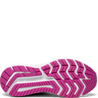 The image shows the bottom of the Saucony Omni 20 Running Shoe - Womens with a pink and white tread featuring zigzag grooves and textured areas, designed to enhance stability and support.