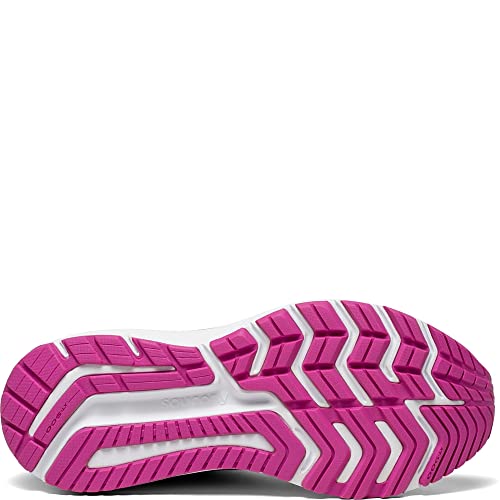 The image shows the bottom of the Saucony Omni 20 Running Shoe - Womens with a pink and white tread featuring zigzag grooves and textured areas, designed to enhance stability and support.