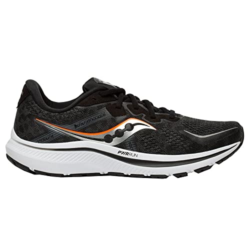 The Saucony Omni 20 Running Shoe - Mens features a black mesh upper with white and orange accents, cushioned PWRRUN sole, wavy side logo, and black laces—designed for comfort and support on every run.