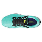 Top view of the Saucony Endorphin Shift 2 Running Shoe - Womens with SPEEDROLL Technology, black laces, a white sole, yellow logo on the tongue, and a purple insole featuring neon green text for a bold look.