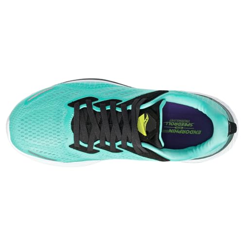 Top view of the Saucony Endorphin Shift 2 Running Shoe - Womens with SPEEDROLL Technology, black laces, a white sole, yellow logo on the tongue, and a purple insole featuring neon green text for a bold look.